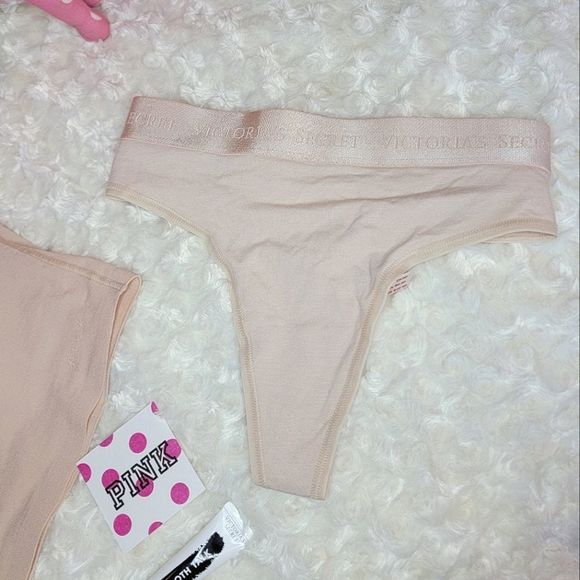 NWT 2PC PINK VICTORIA SECRET NUDE SET SCOOP BRA COTTON LOGO THONG LARGE L - Picture 2 of 12